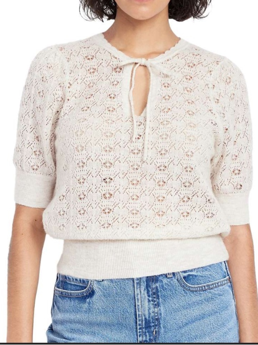 Wool-Blend Puff-Sleeve Tie-Neck
Sweater